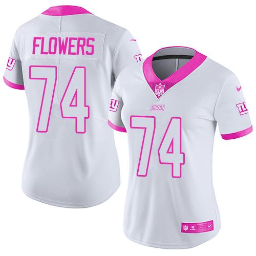 Nike Giants #74 Ereck Flowers White/Pink Women's Stitched NFL Limited Rush Fashion Jersey